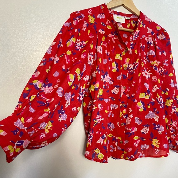 Maeve by Anthropologie Floral Red Long Sleeve Button Down Blouse - Picture 5 of 6